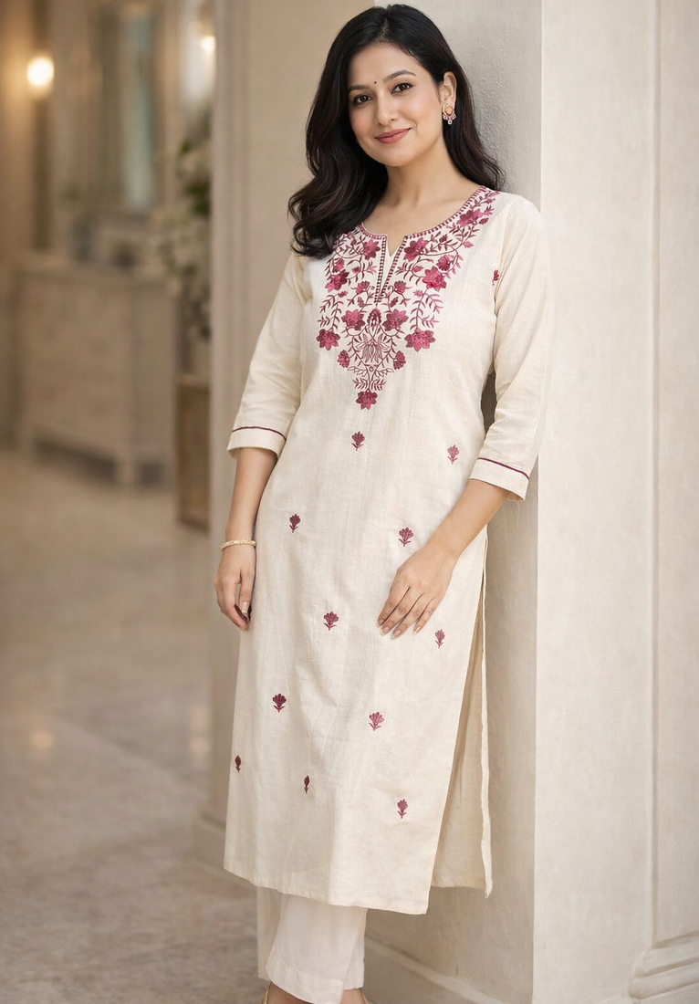 Off-White Embroidered Cotton Kurta & Pant Set