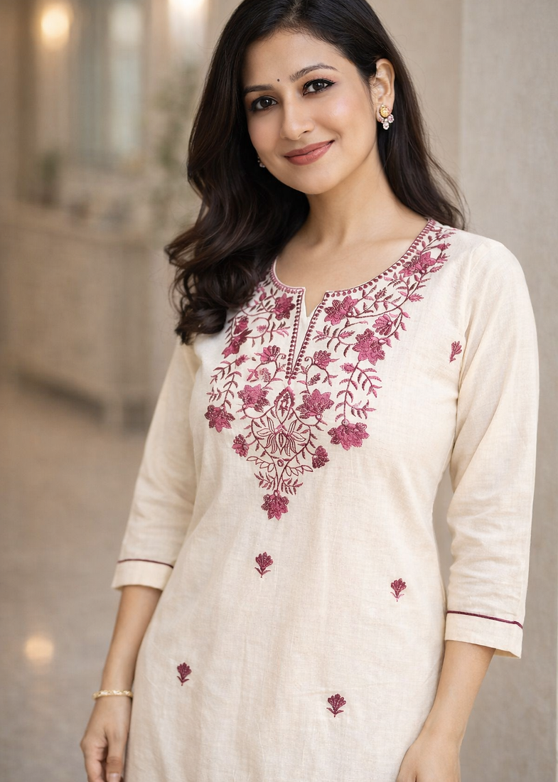 Off-White Embroidered Cotton Kurta & Pant Set