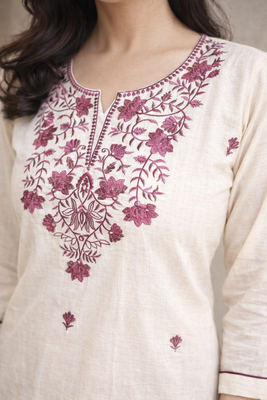 Off-White Embroidered Cotton Kurta & Pant Set 4