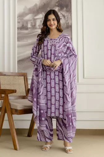 Purple Pure Cotton Embroidery Work Geometric Block Print Kurta Pant with Dupatta Set
