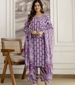 Purple Pure Cotton Embroidery Work Geometric Block Print Kurta Pant with Dupatta Set
