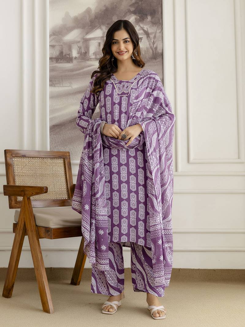 Purple Pure Cotton Embroidery Work Geometric Block Print Kurta Pant with Dupatta Set