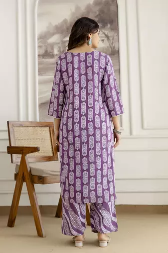 purple cotton kurta pant dupatta set with zardosi embroidery