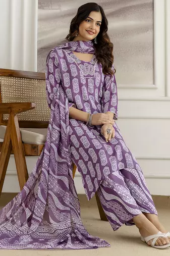 purple cotton kurta pant dupatta set with zardosi embroidery