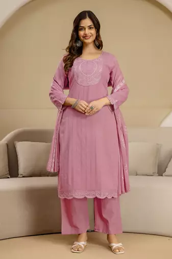 LightPink Pure Cotton Embroidery Sequence Work Kurta Pant with Ethic Motifs Print Dupatta Set