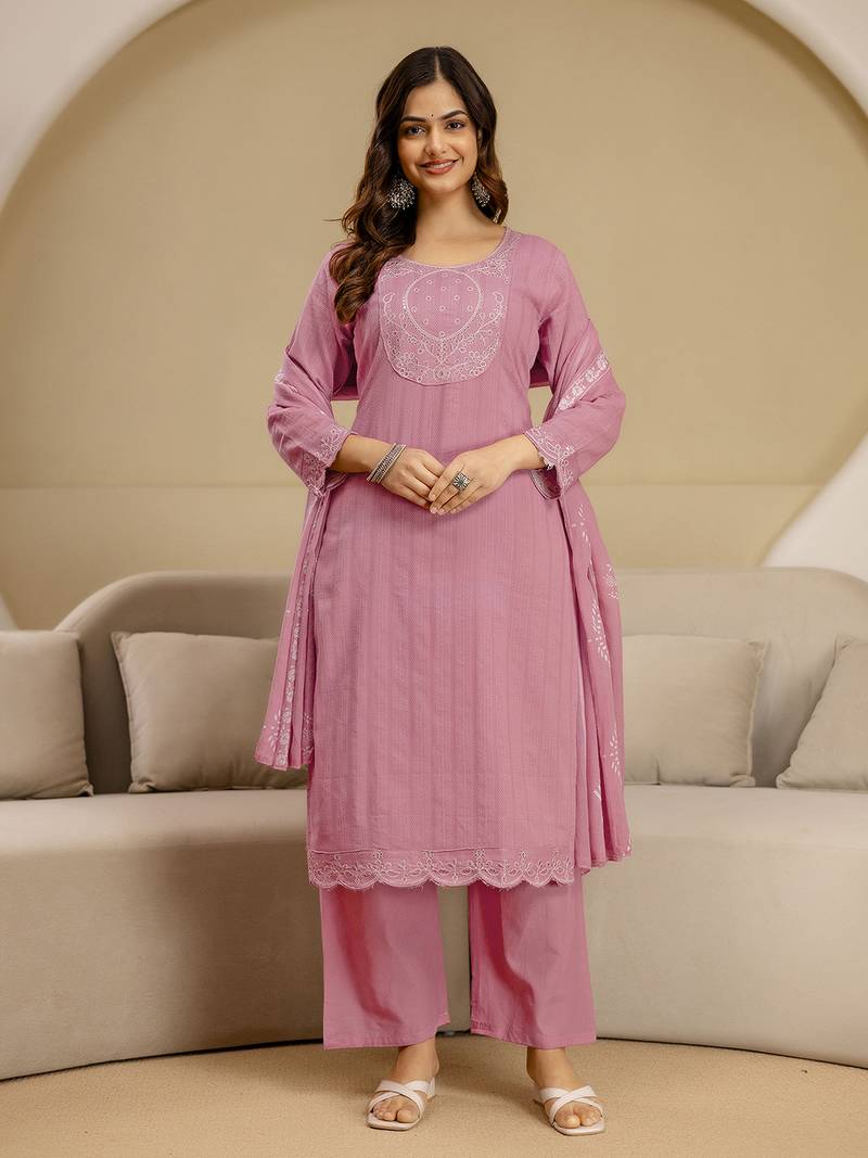 LightPink Pure Cotton Embroidery Sequence Work Kurta Pant with Ethic Motifs Print Dupatta Set