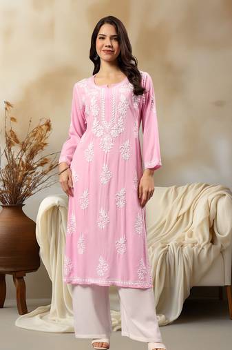 Seva chikan hand embroidered lucknowi chikankari pink rayon kurta scl4407