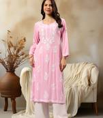 Seva chikan hand embroidered lucknowi chikankari pink rayon kurta scl4407