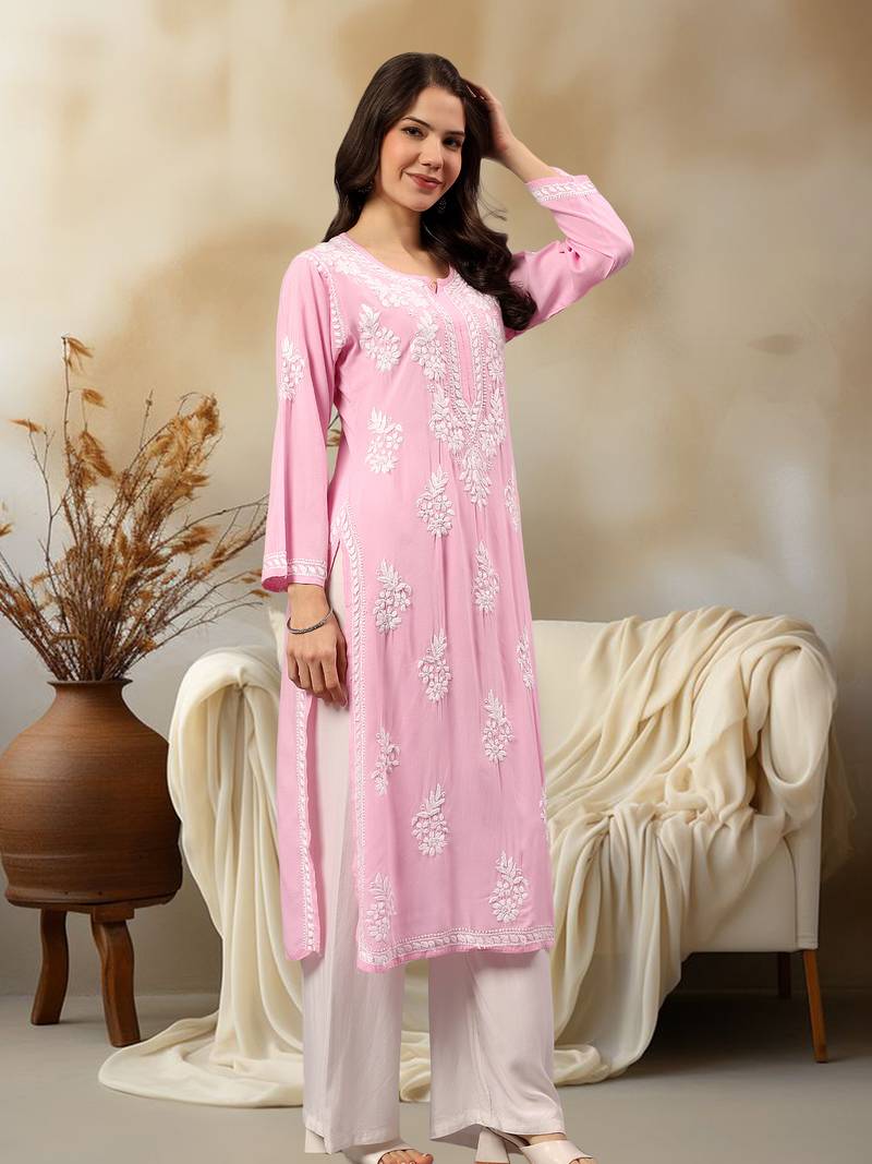 Seva chikan hand embroidered lucknowi chikankari pink rayon kurta scl4407