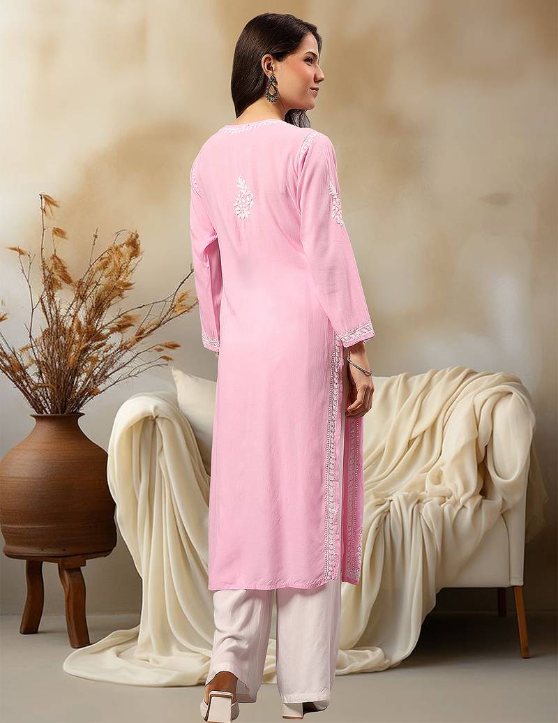 Seva chikan hand embroidered lucknowi chikankari pink rayon kurta scl4407