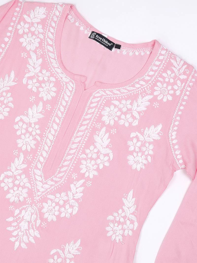 Seva chikan hand embroidered lucknowi chikankari pink rayon kurta scl4407