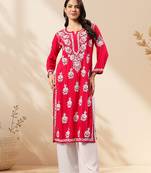 Seva chikan hand embroidered lucknowi chikankari magenta rayon kurta scl4470