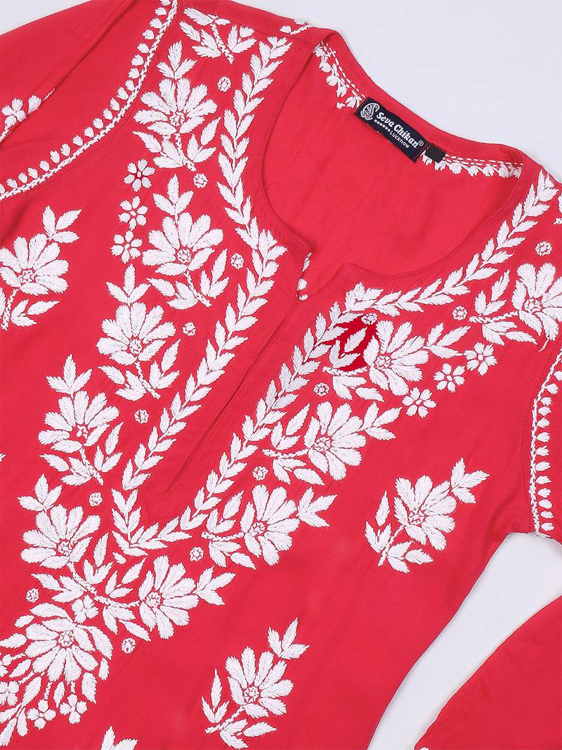 Seva chikan hand embroidered lucknowi chikankari magenta rayon kurta scl4470