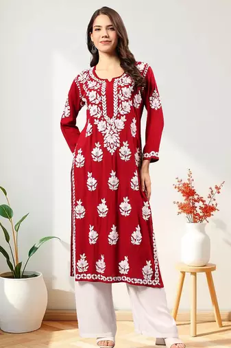 Seva chikan hand embroidered lucknowi chikankari maroon rayon kurta scl4473