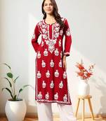 Seva chikan hand embroidered lucknowi chikankari maroon rayon kurta scl4473