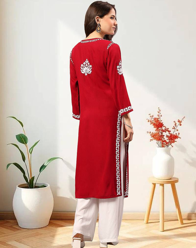Seva chikan hand embroidered lucknowi chikankari maroon rayon kurta scl4473