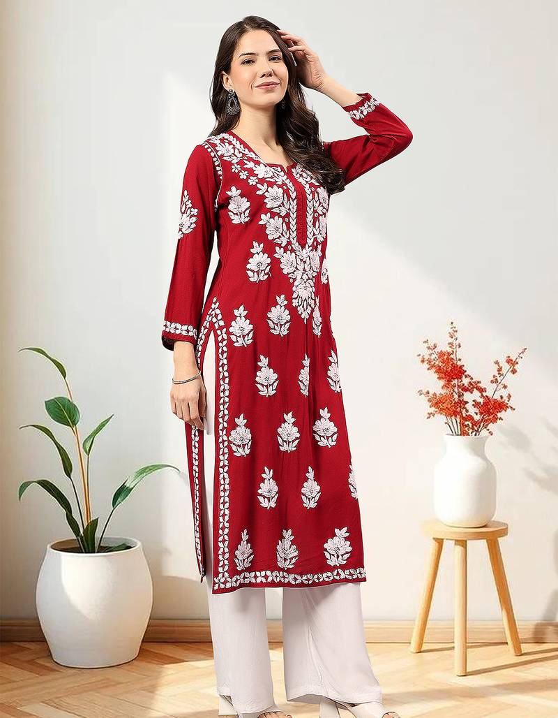 Seva chikan hand embroidered lucknowi chikankari maroon rayon kurta scl4473