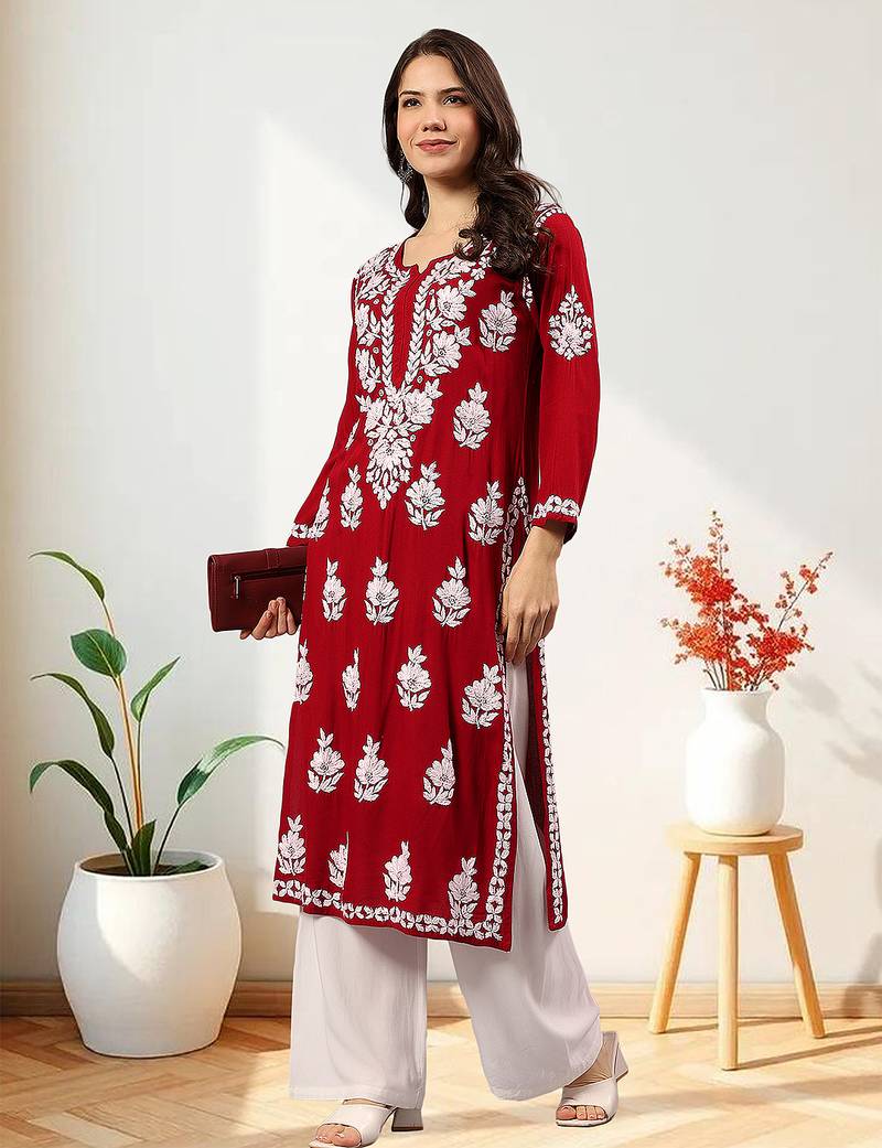 Seva chikan hand embroidered lucknowi chikankari maroon rayon kurta scl4473