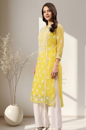 Seva chikan hand embroidered yellow georgette lucknowi chikankari kurta with inner slip