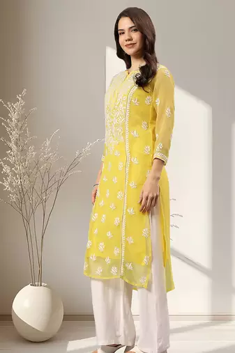 Seva chikan hand embroidered yellow georgette lucknowi chikankari kurta with inner slip