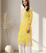Seva chikan hand embroidered yellow georgette lucknowi chikankari kurta with inner slip