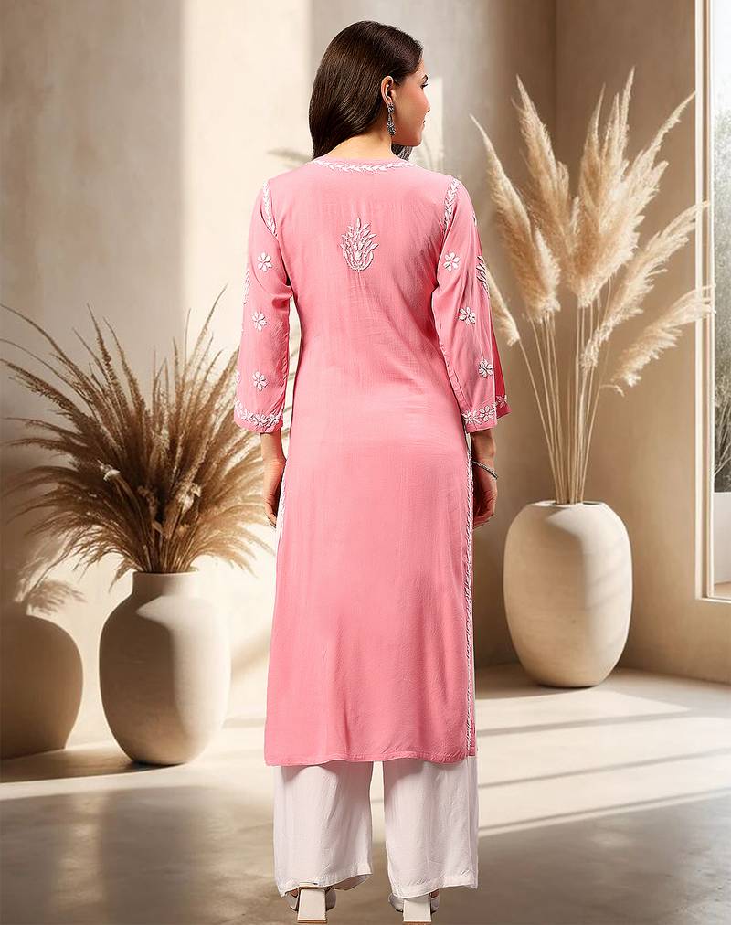 Seva chikan hand embroidered lucknowi chikankari carrot pink rayon kurta scl4771