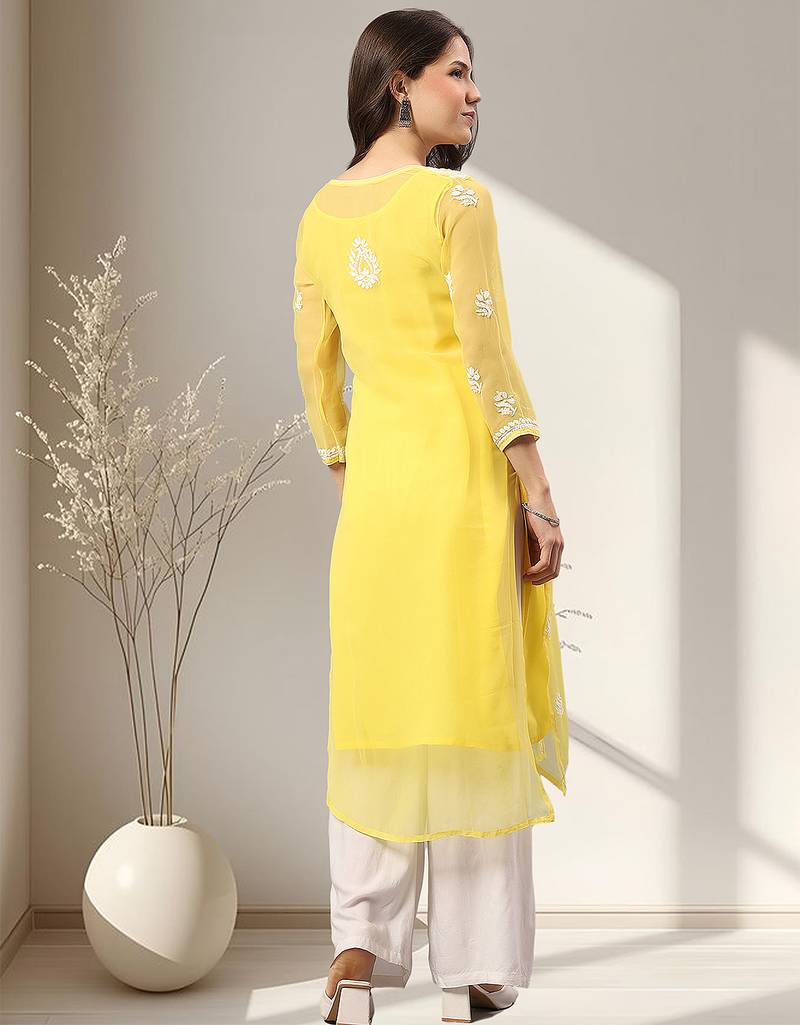Seva chikan hand embroidered yellow georgette lucknowi chikankari kurta with inner slip