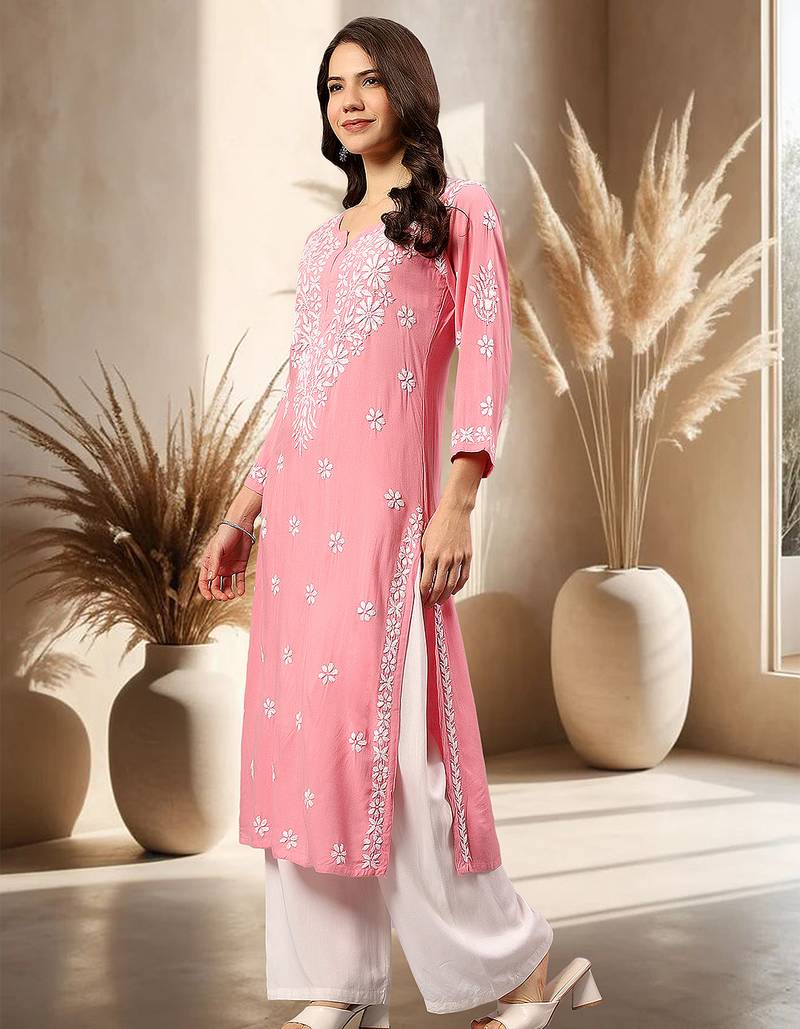 Seva chikan hand embroidered lucknowi chikankari carrot pink rayon kurta scl4771