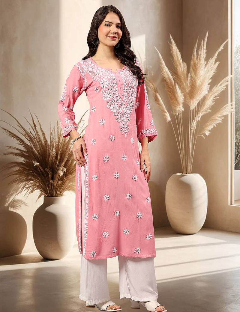 Seva chikan hand embroidered lucknowi chikankari carrot pink rayon kurta scl4771