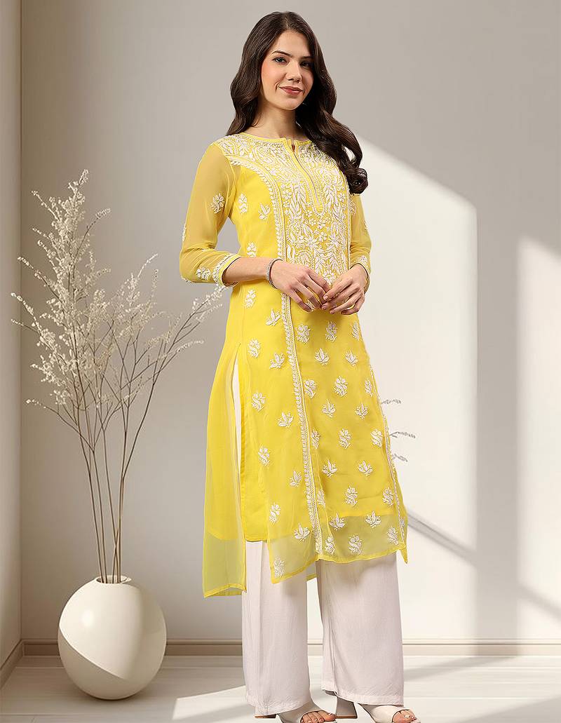 Seva chikan hand embroidered yellow georgette lucknowi chikankari kurta with inner slip