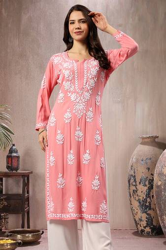 Seva chikan hand embroidered lucknowi chikankari peach rayon kurta scl4767
