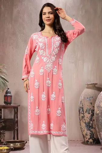 Seva chikan hand embroidered lucknowi chikankari peach rayon kurta scl4767