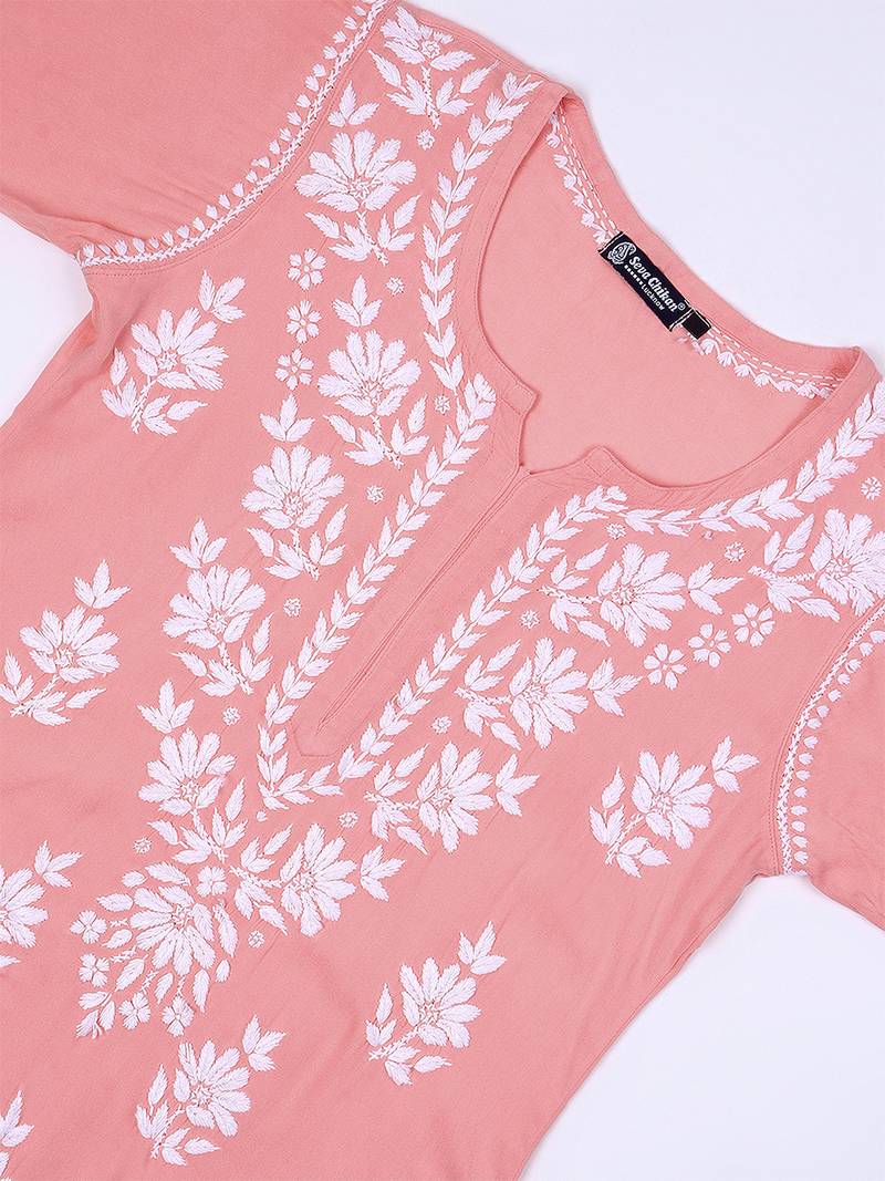 Seva chikan hand embroidered lucknowi chikankari carrot pink rayon kurta scl4771