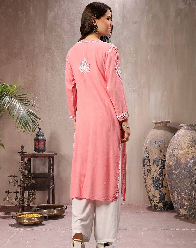 Seva chikan hand embroidered lucknowi chikankari peach rayon kurta scl4767