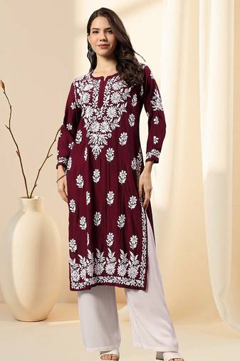 Seva chikan hand embroidered lucknowi chikankari purple muslin kurta scl4513