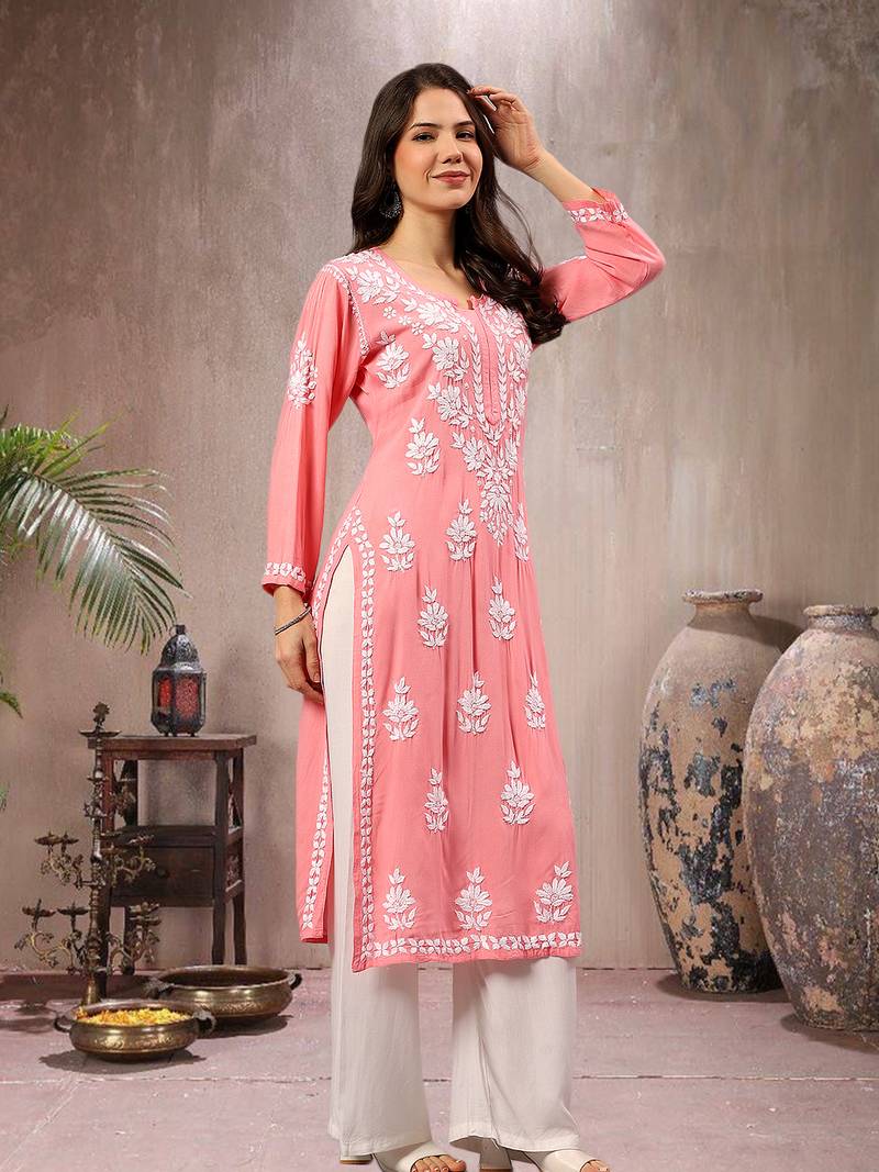 Seva chikan hand embroidered lucknowi chikankari peach rayon kurta scl4767