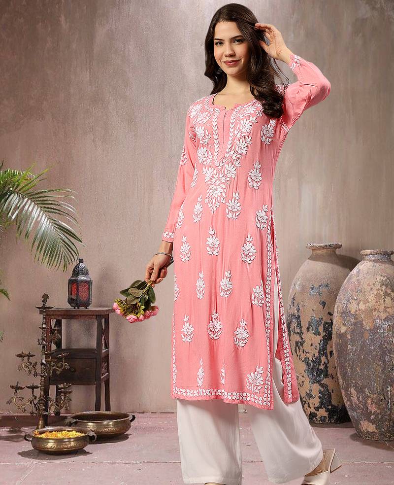 Seva chikan hand embroidered lucknowi chikankari peach rayon kurta scl4767