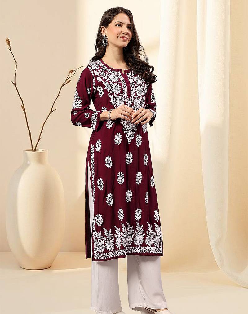 Seva chikan hand embroidered lucknowi chikankari purple muslin kurta scl4513