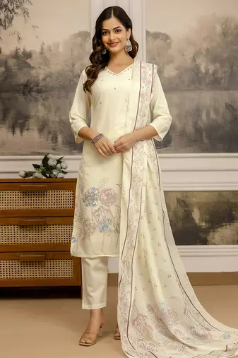 White Pure Cotton Floral Print Embroidery Work Anarkali Kurta Pant with Dupatta