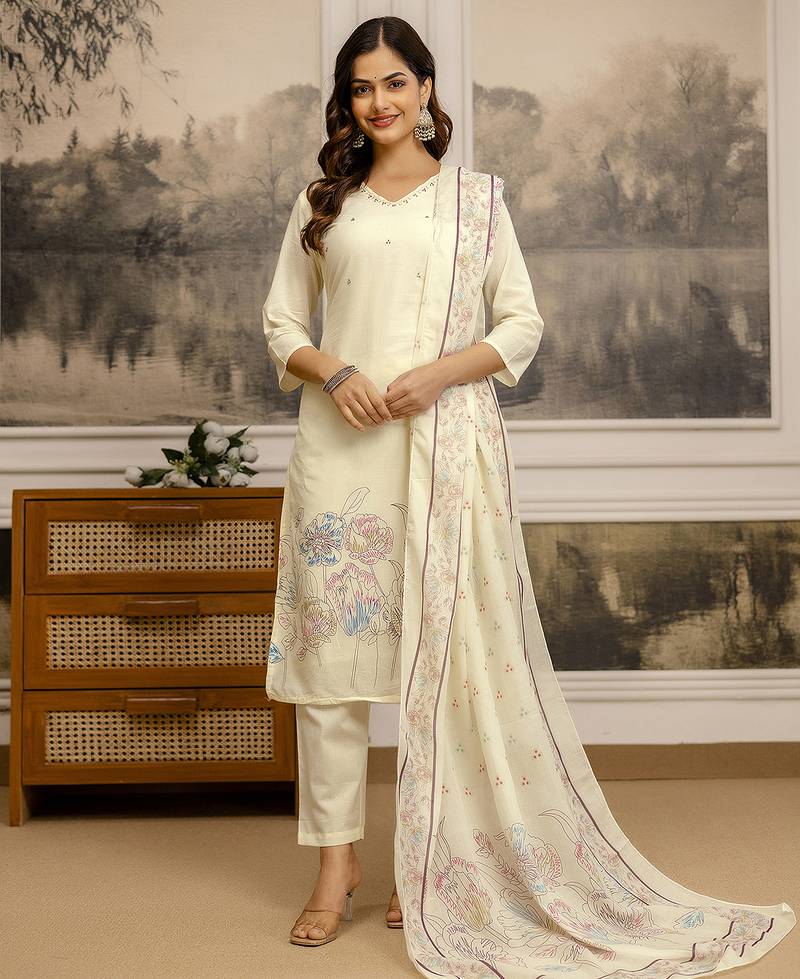 White Pure Cotton Floral Print Embroidery Work Anarkali Kurta Pant with Dupatta
