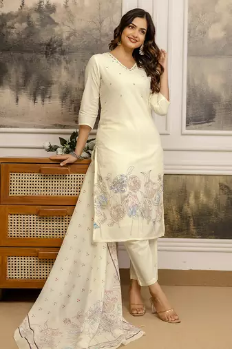 white cotton kurta pant set with floral embroidery and dupatta