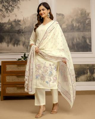 white cotton kurta pant set with floral embroidery and dupatta 5