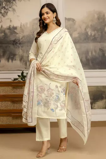 white cotton kurta pant set with floral embroidery and dupatta