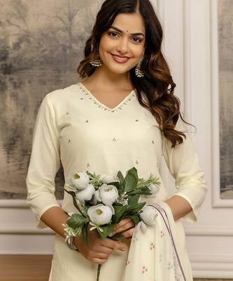 white cotton kurta pant set with floral embroidery and dupatta 6