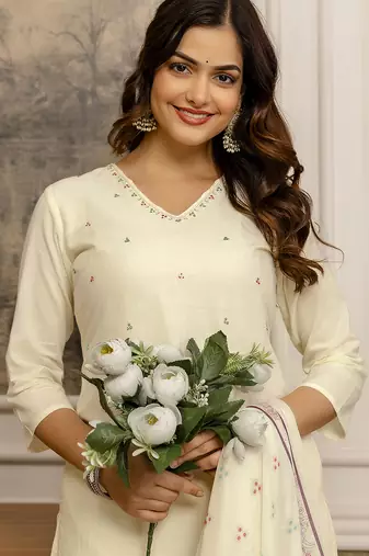 white cotton kurta pant set with floral embroidery and dupatta