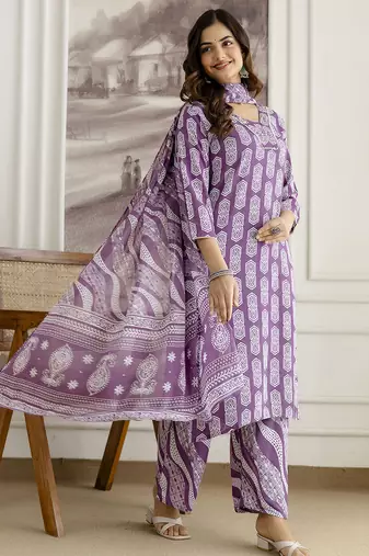 purple cotton kurta pant dupatta set with zardosi embroidery