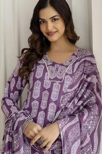 purple cotton kurta pant dupatta set with zardosi embroidery