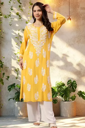 Seva chikan hand embroidered lucknowi chikankari yellow modal kurta scl4479