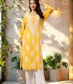 Seva chikan hand embroidered lucknowi chikankari yellow modal kurta scl4479