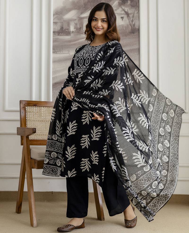 Black Pure Cotton Leaf Print Embroidery Work Anarkali Kurta Pant with Dupatta